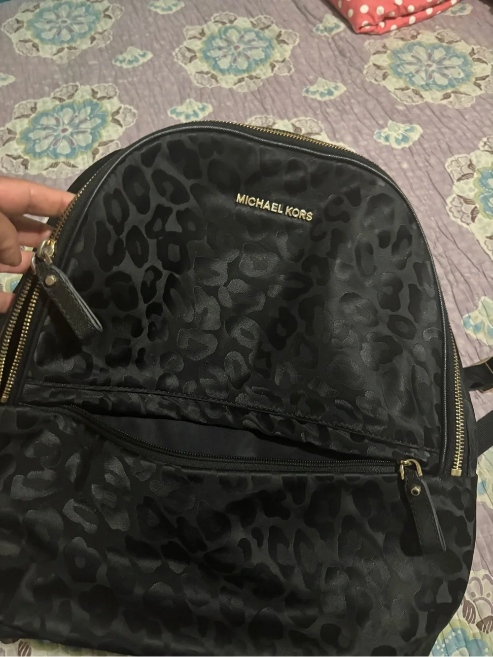 Michael Kors Black Leopard-Print Nylon Backpack with Gold Hardware